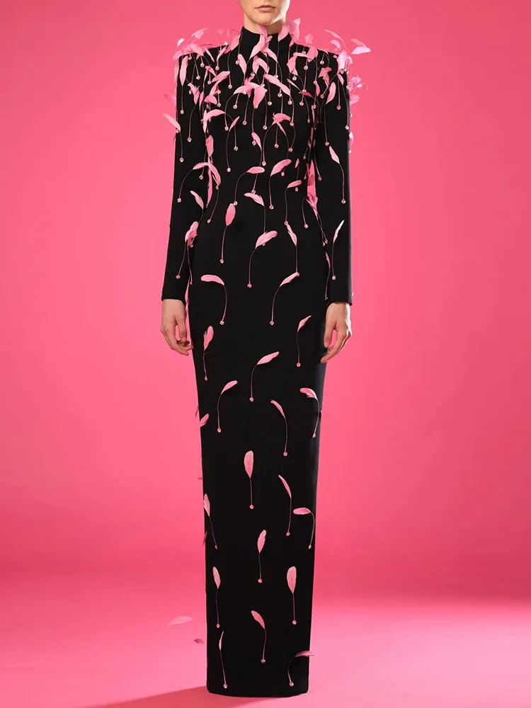 

High-End Elegant Hostess Long-Sleeve Evening Dress 2026 Star Feather Decoration Sexy Backless Women Long Floor-Length Party Gown