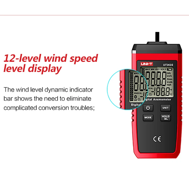 UNI-T UT363S Mini Anemometer Wind Speed Temperature Tester LCD Display Air Flow Speed MAX/AVG Measurement Wind Level 1~12