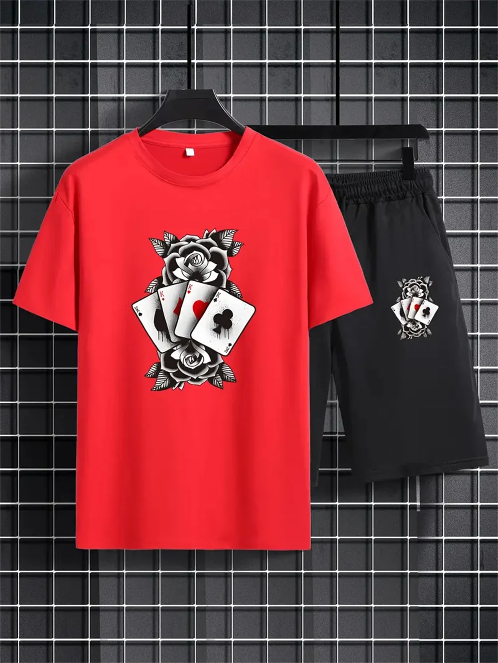 Men's two-piece T-shirt and shorts, short sleeves, poker print, simple, sporty, casual, outdoor, children's set, summer 2024