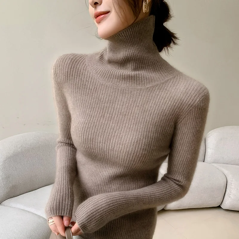 100% cashmere sweater women\'s knitted pullover sweater high neck solid color slim fit soft cashmere basic women\'s sweater