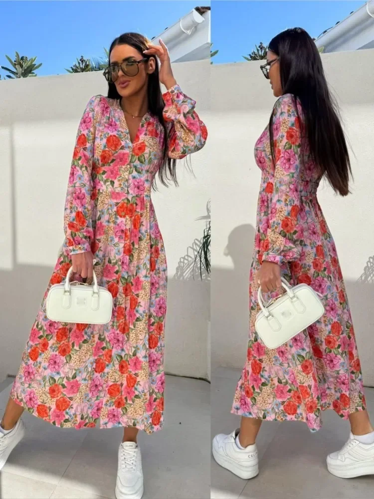 الحلو Preppy نمط الأزهار طباعة فستان طويل المرأة موضة الخامس الرقبة زر كم طويل قميص فستان الربيع فساتين الحفلات غير رسمية