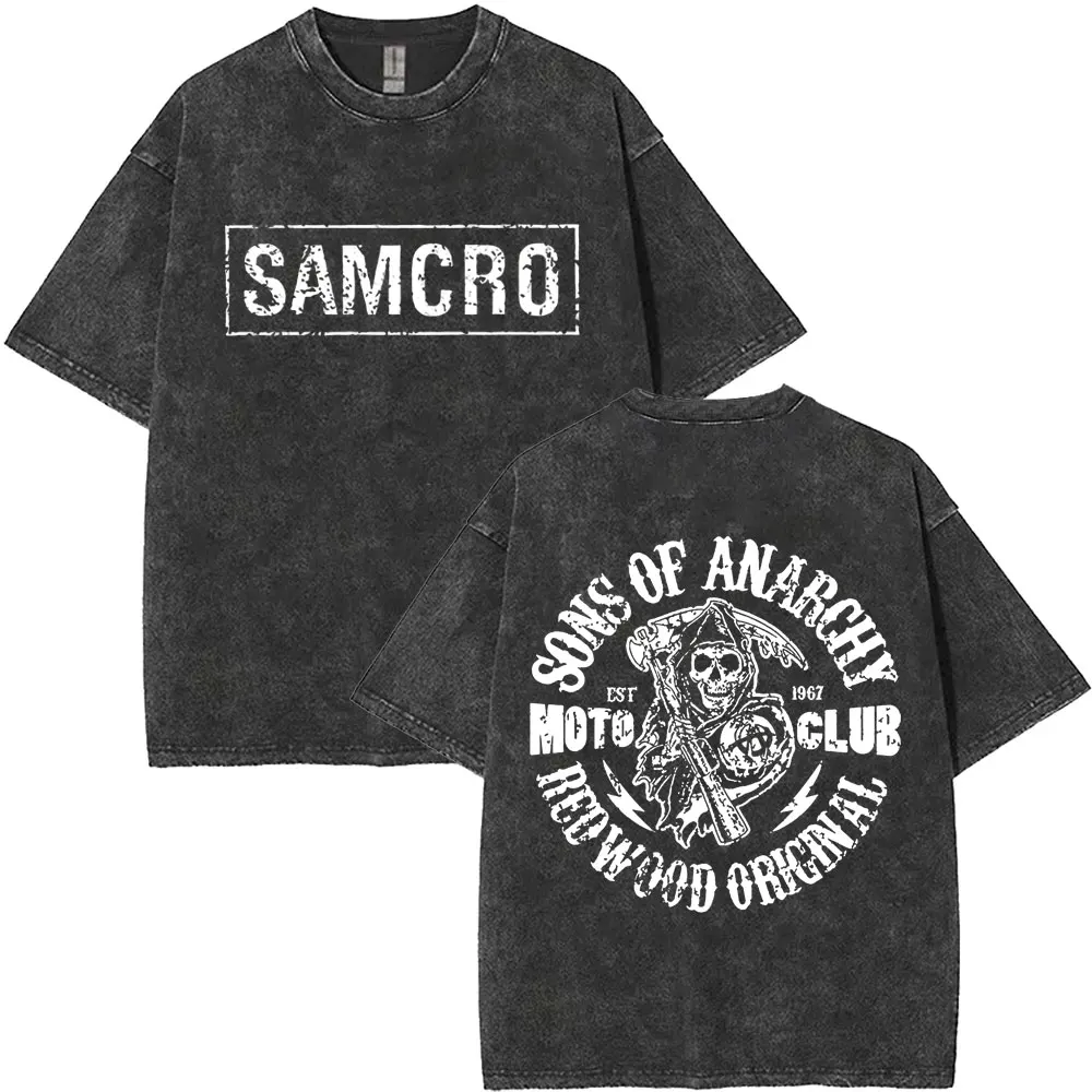 Camiseta Vintage Anarchy Son Samcro 2026 Nova com Lavagem Especial, Camiseta Casual de Hip Hop Rock com Estampa de Esqueleto para Homens e Mulheres, Manga Curta