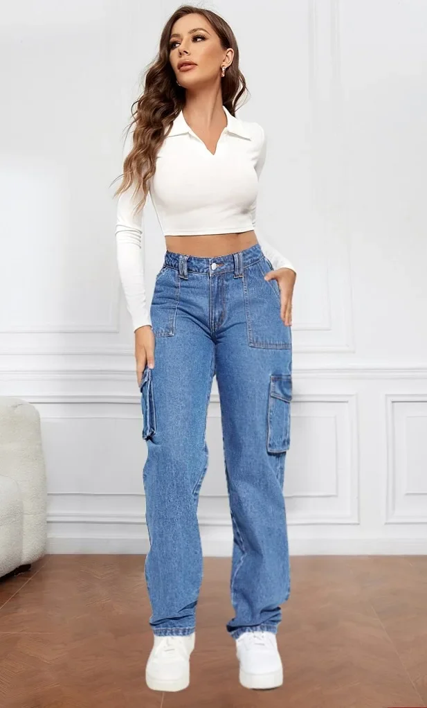 Amerikanische Retro-Cargohose mit mittlerer Taille und mehreren Taschen, lässige, lockere, gerade lange Hose für Damen, Patchwork-Jeans, Frühling und Herbst