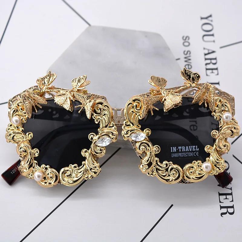 Fashion Luxury Round Baroque Sunglasses Metal Flower Vintage Eyewear Brand Design Outdoors Casual Accessories Women's Sunglasses