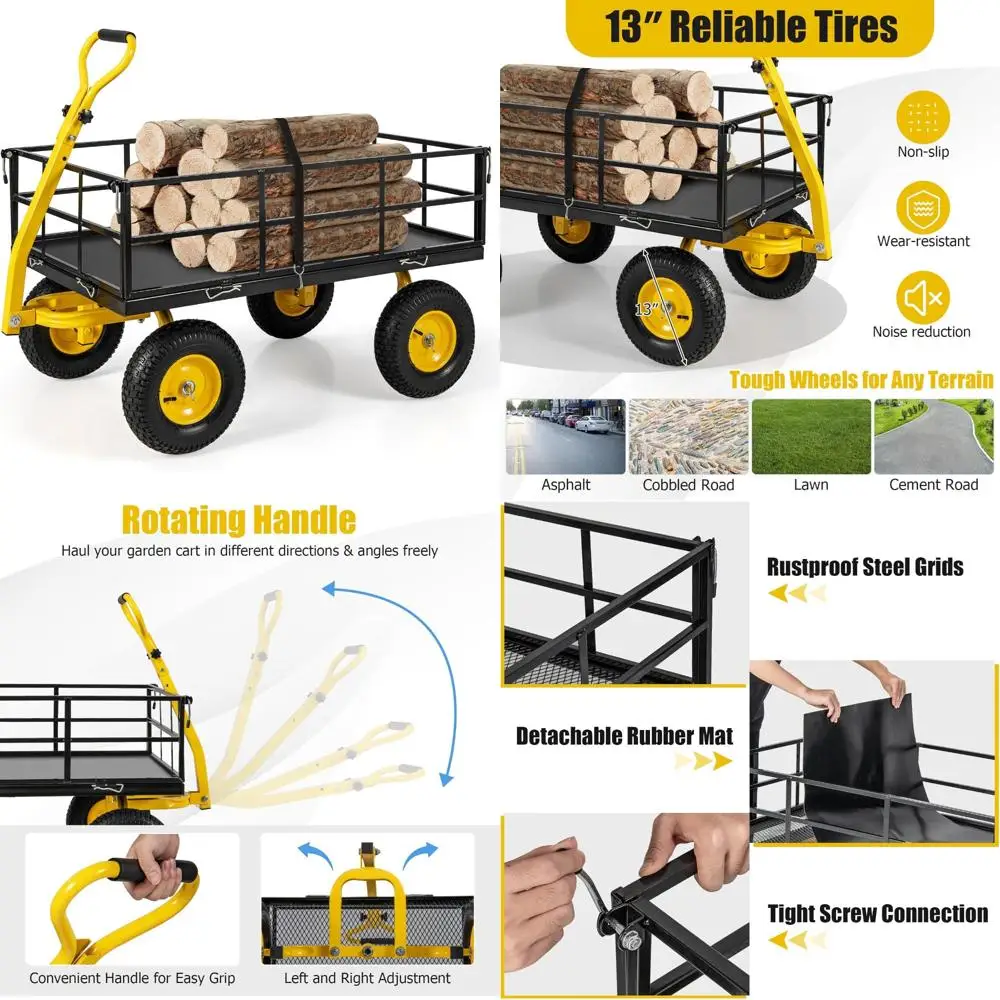 Heavy-Duty Garden Cart with 1200 lbs Capacity, Rotating Handle, Removable Sides, 13 Wheels, Metal Utility Wagon for Outdoor Task
