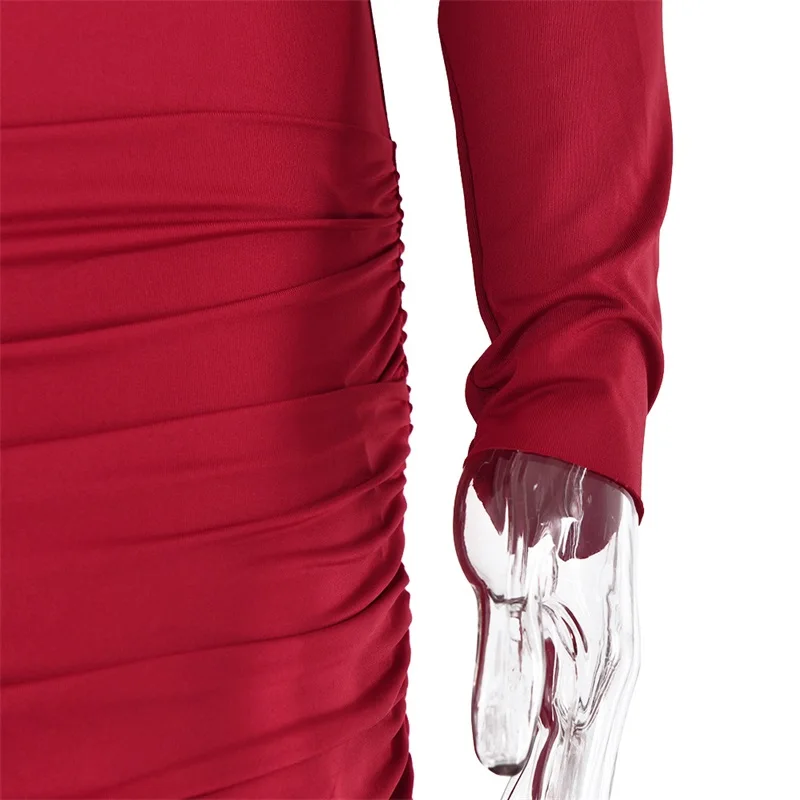 Pleated O-Neck Women's Homecoming Dress Long Sleeve High Waist Party Gown Wine Red White Bandage Skirt Spicy Girl New Arrival