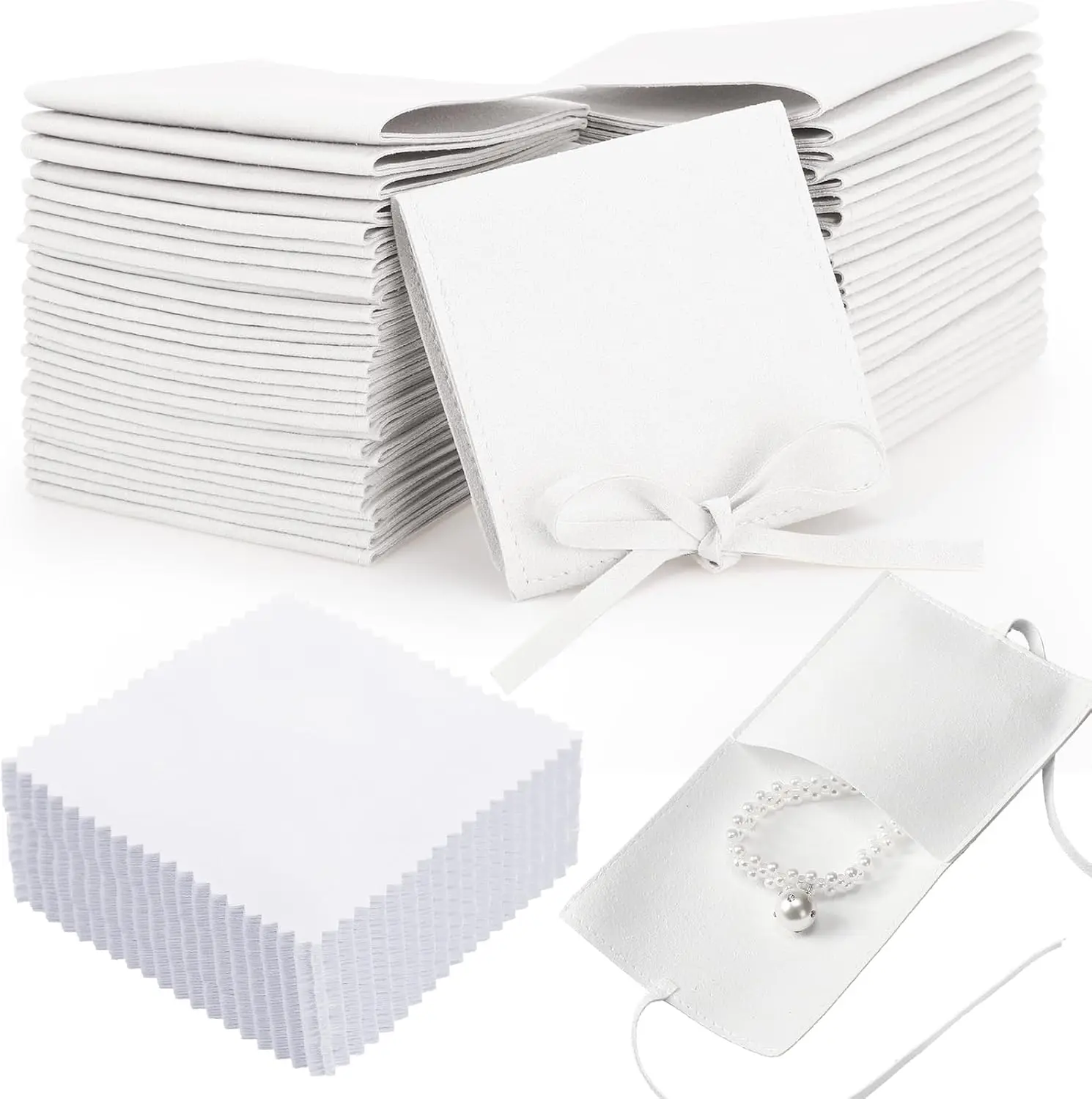 120 Pcs Microfiber Jewelry Pouch 8 x 8cm Jewelry Packaging Bag Gift Bow Tie Bracelet with Cleaning Cloth (White)