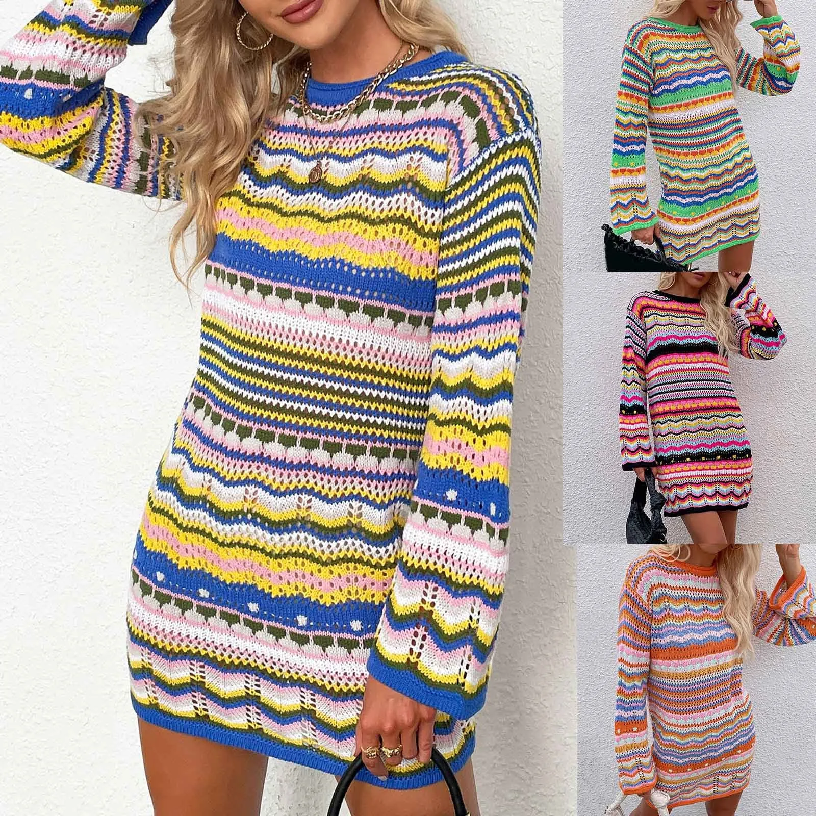 Autumn Winter Knitted Short Dresses For Women Fashion Rainbow Striped Sweater Dress Loose Casual Hollow New In Dresses 2024