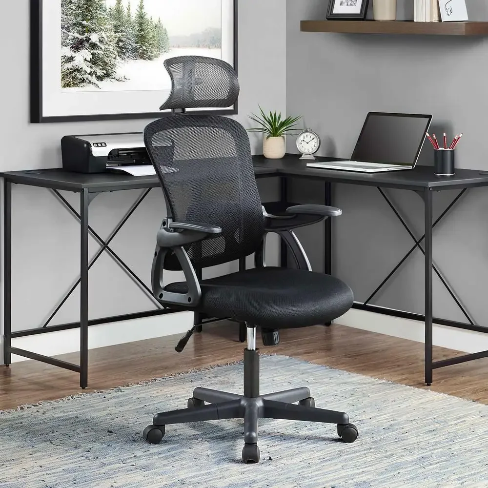 

Ergonomic Office Chair Adjustable Headrest Black Fabric 275 lb Capacity Back Support Armrests Height Adjustable Wheels
