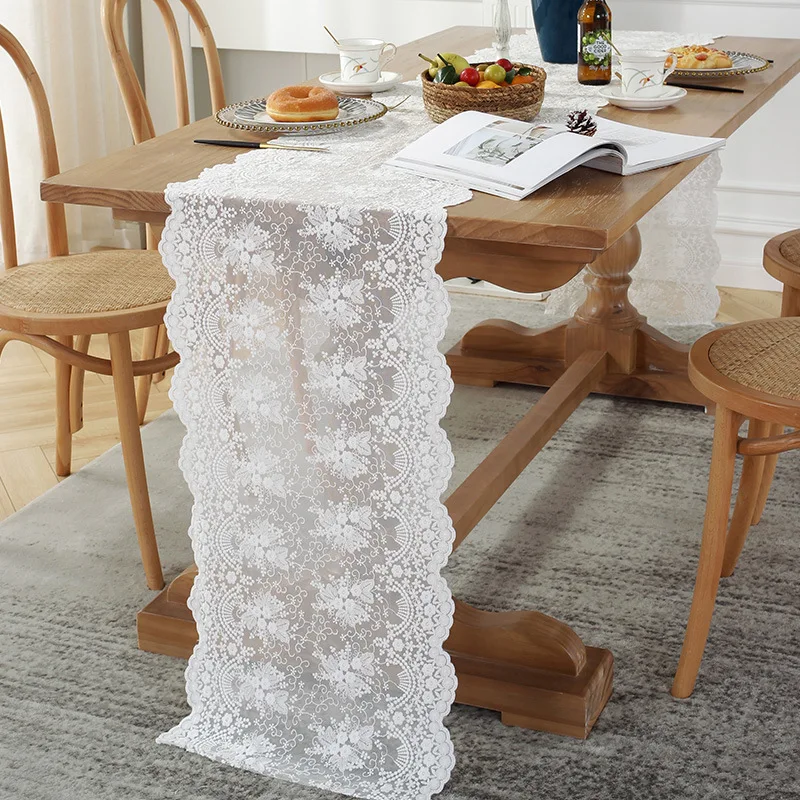 White Lace Table Runner Floral Embroidered Tables Lace Doilies Dressers End Tables for Wedding Decorations Tea Party Baby Shower