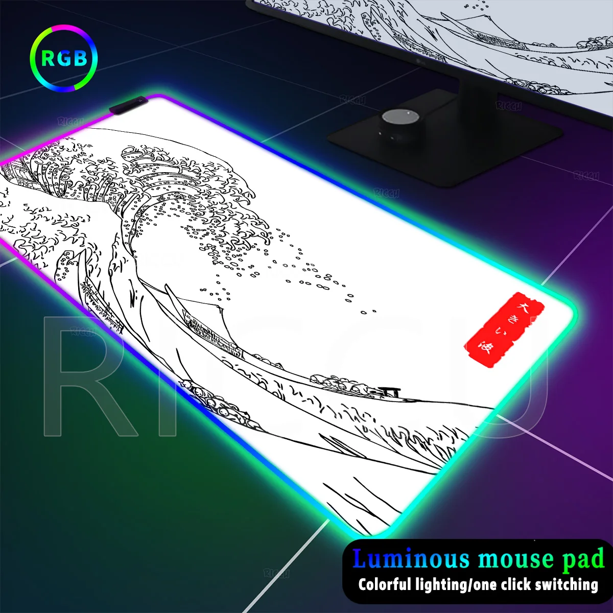 

RGB черно-белый коврик для мыши с японскими волнами XXL для ПК, игр, домашнего офиса, нескользящий коврик Emit Light, клавиатура, игровые аксессуары