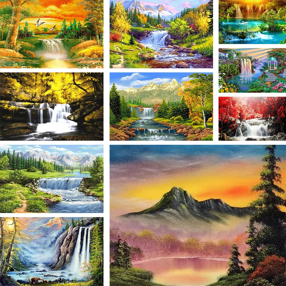 Landscape Spectacular Waterfall Cross-Stitch Full Kit DIY Embroidery Handmade Hobby Knitting Handicraft Promotions Magic Package