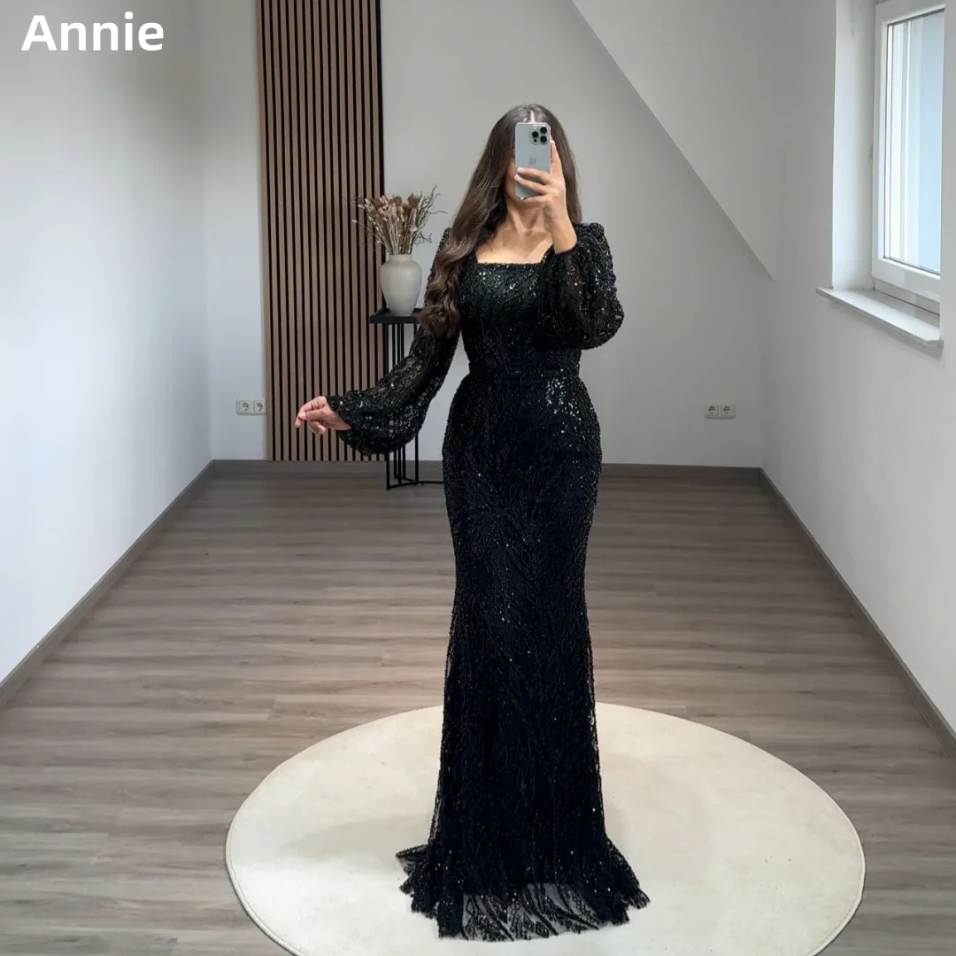 Annie Exquisite Black Wedding Dress Luxury Beads Prom Dresses Mermaid Long Sleeves Elegant Lady  فساتين سهرة Customized 2025