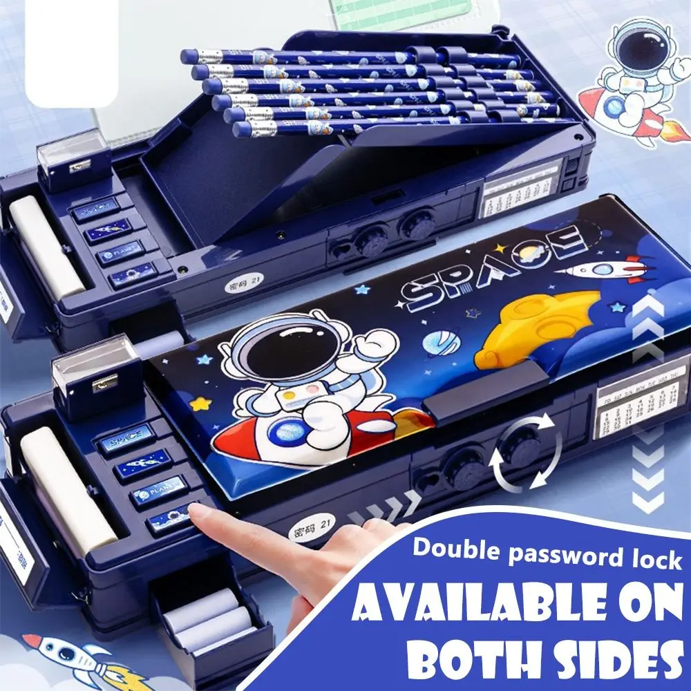 Cartoon Double Layer Pencil Case Large Capacity with Combination Lock Stationery Box Mechanical Pen Box Back To School Gift