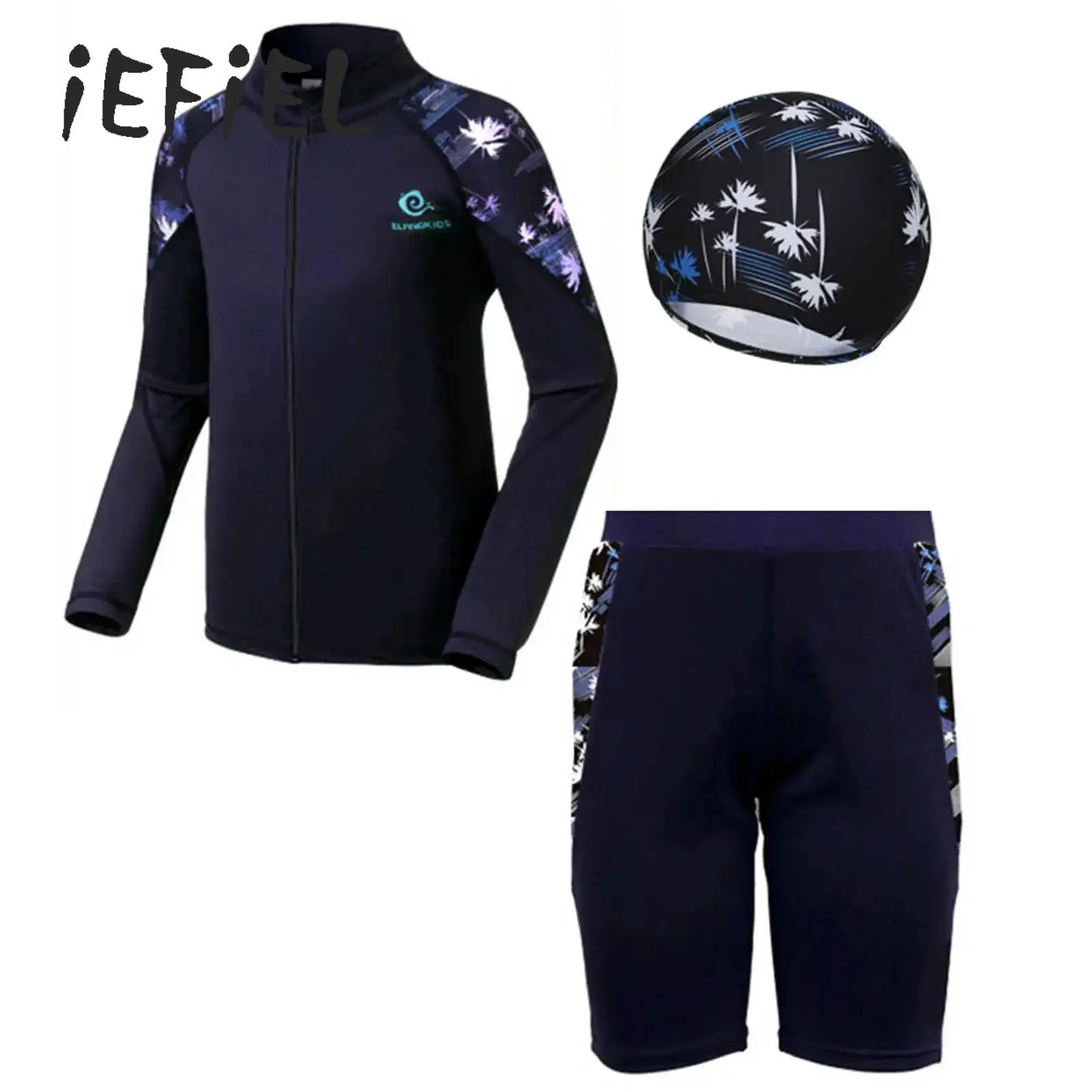 

Kids Boys Swimsuit 3 Piece Long Sleeve Swimm Jacket Coat Tops with Shorts Swim Cap Outfits UPF 50+ Rash Guard Swimwear Beachwear