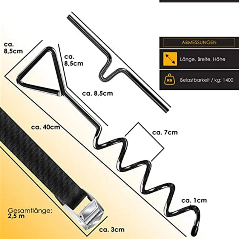 AA01-4 Ancoraggi a terra, set da 9 pezzi, attacco per trampolino, acciaio di diametro di 1 cm per avvitare, 4 cinghie e ausilio per tornitura