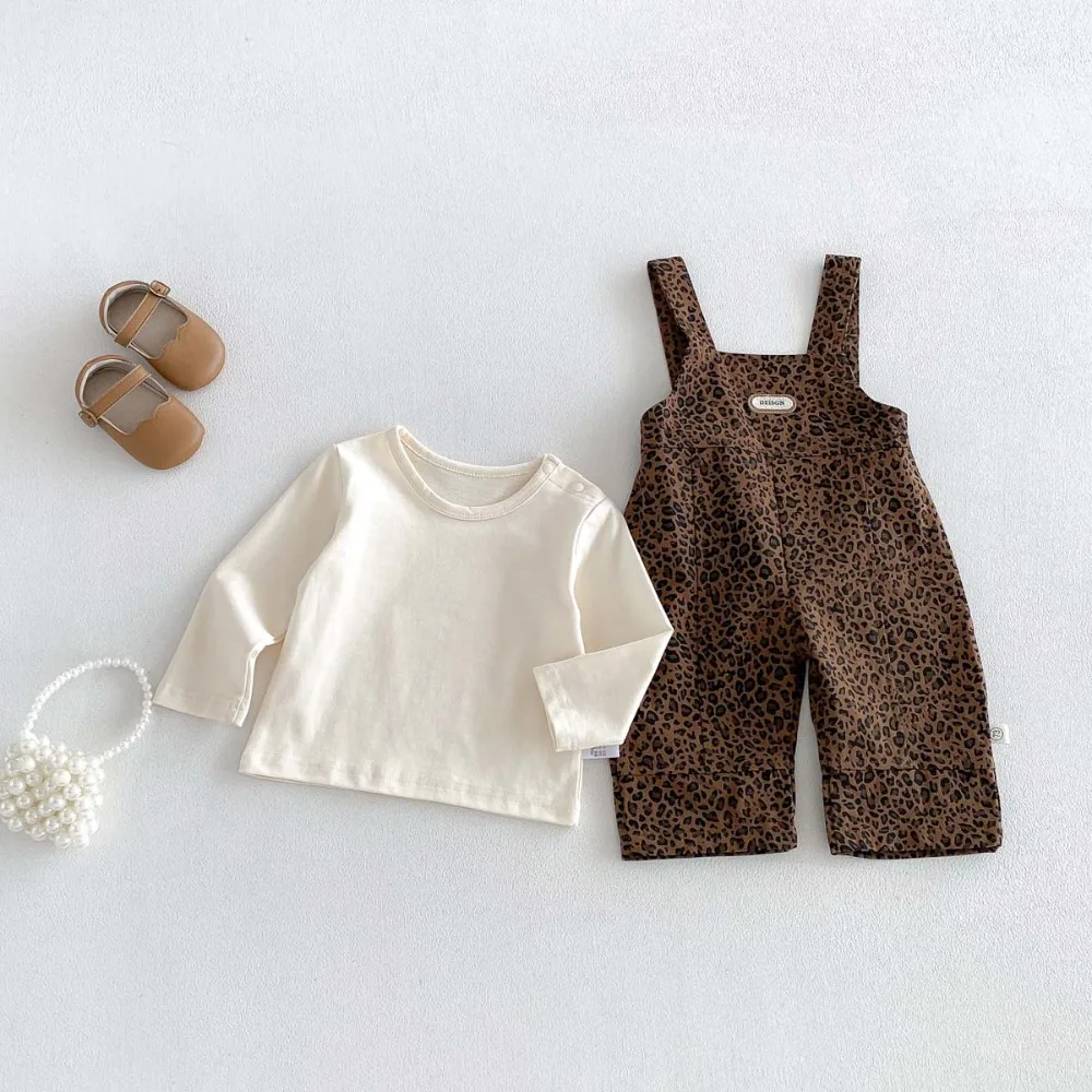 2026 Autumn Baby Girl Clothing Set 1-3Years Fashion Newborn Kids Long Sleeve White T-shirt+Leopard Overall Jumpsuit 2PCS Clothes