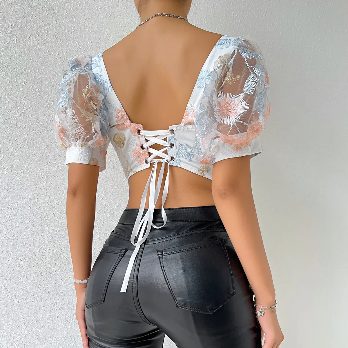 Lace-up Bustier crop Top korset lengan mengembang pakaian wanita korset atasan pembentuk badan rompi Lingerie ramping musim panas kamisol Tank Top