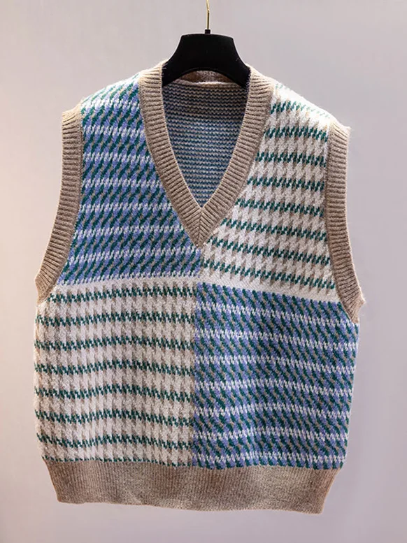 Retro Geometric Sweater Vest Spring Autumn Loose Outerwear V Neck Color Block Knitted Vest Women's Fashion Casual Outerwear
