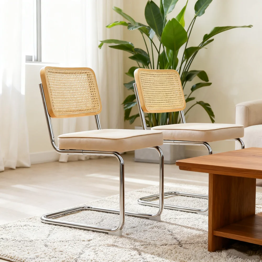 2 chaises de salle à manger modernes du milieu du siècle, chaises d'appoint rembourrées en velours doux et en rotin naturel, style classique Marcel Breuer avec pieds en métal chromé brillant, sièges confortables pour salle à manger, cuisine, salon, café et décoration intérieure.