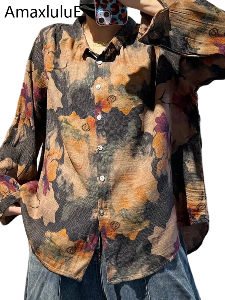 

Женские модные рубашки Amax LuluE с весенним цветочным принтом, свободные повседневные хлопковые топы, классические винтажные блузки с длинным рукавом