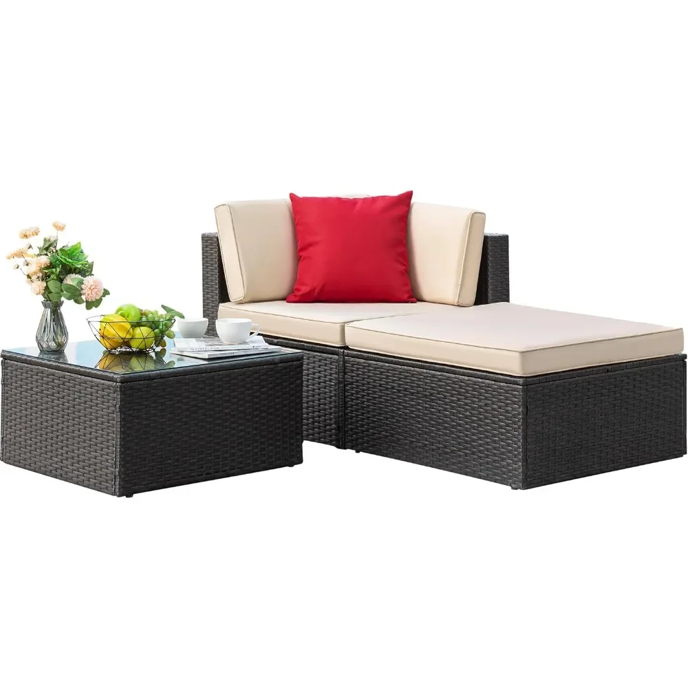 Patio Furniture Set3Pieces Outdoor Conversation Sofa and Ottoman Rattan Outdoor Sectional Sofa Couch with Glass Table forBalcony