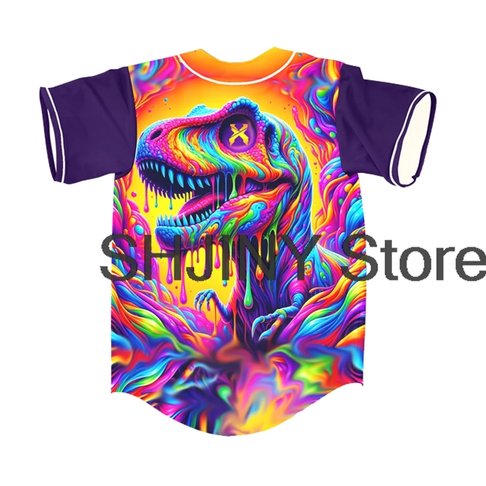 Excision Trippy Colorful Dinosaur Rave Baseball Jersey EDM Festivals 2024 Short Sleeve Shirts Women Men Streetwear Tops