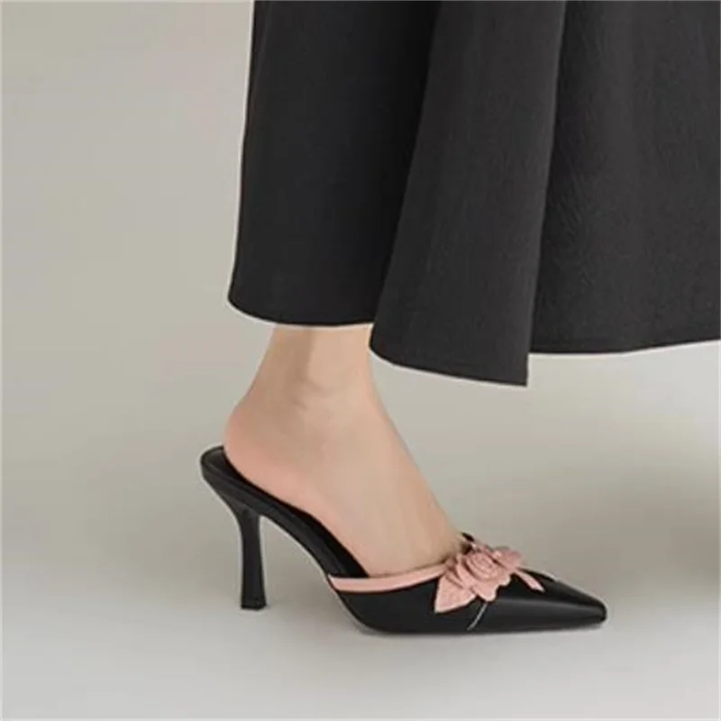 Flowers Decoration Shoes for Lady Pointed Toe Female Mules High Heels Mixed Color Tacones Women Pumps Sewing Line Chassure Femme