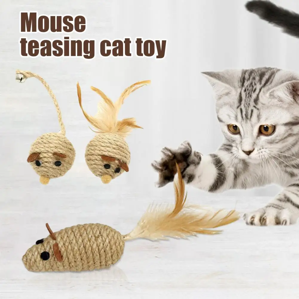 Handwoven Hemp Rope Mice Cat Toy With Natural Feather And Jingling Bell - Interactive Play For Cats, Durable And Fun Pet Toy