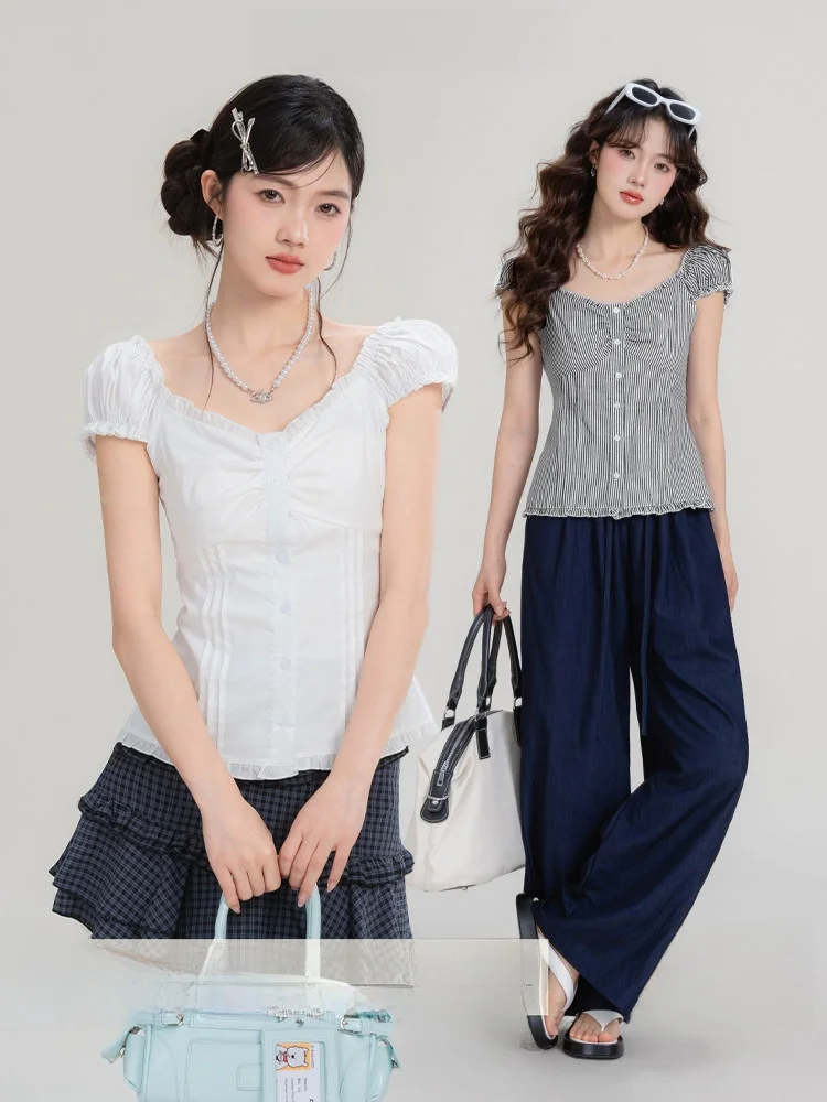 

Loveheynew Sweet Sister Bubble Sve: Топ с утягивающим эффектом на талии, короткий рукав, летний дизайн, молодежный стиль, чистая нежность