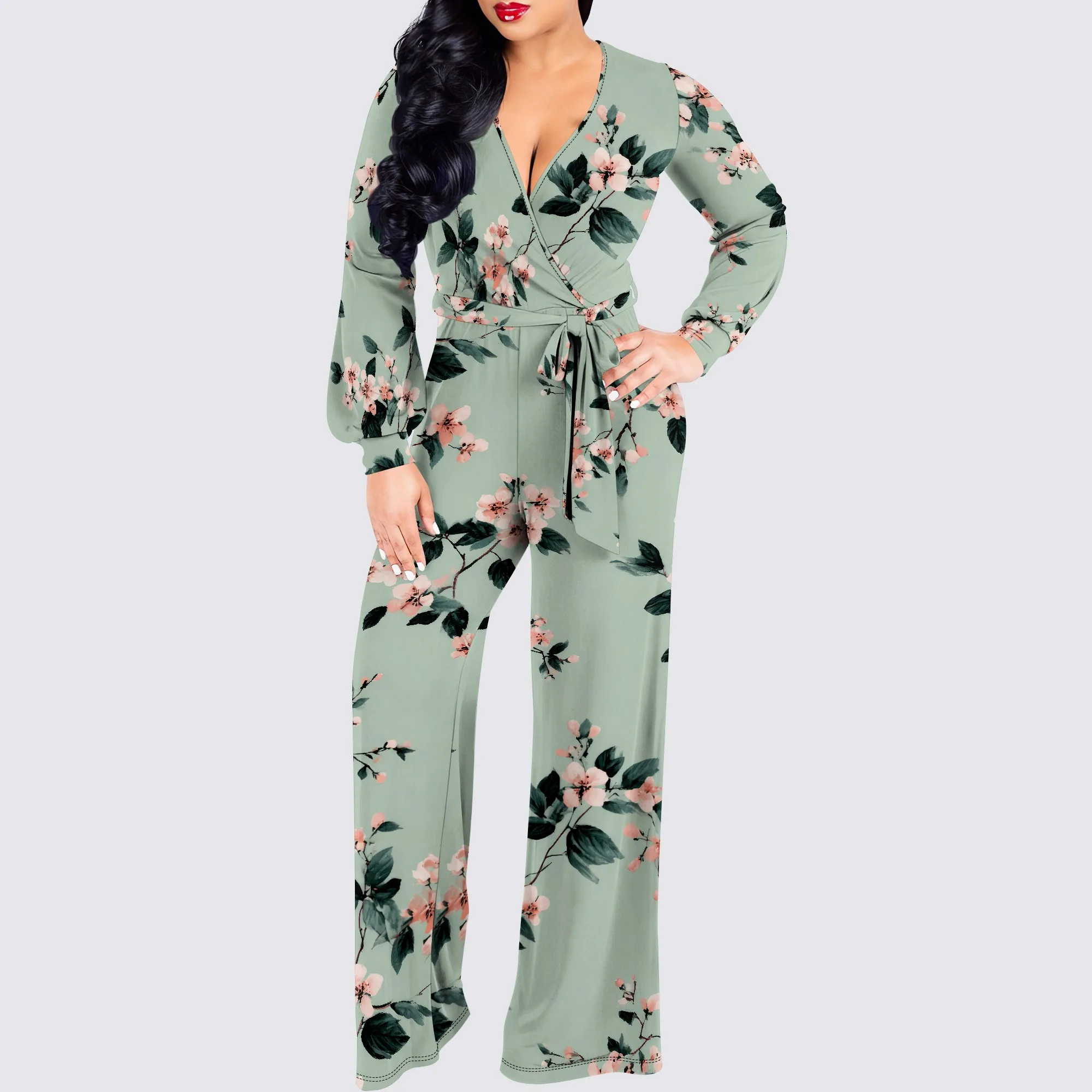 Macacões femininos elegantes negócios casual botão para baixo decote em v alça de manga comprida calças compridas retas com bolsos