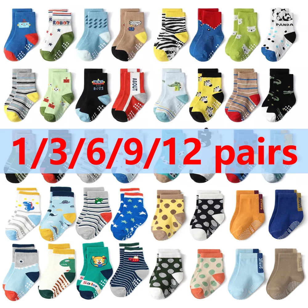 

1/3/6/9/12 Pairs Kids Socks Sets for Baby Boys Cotton Non-slip Cute Cartoon Patterned Breathable Baby Trampoline Floor Socks