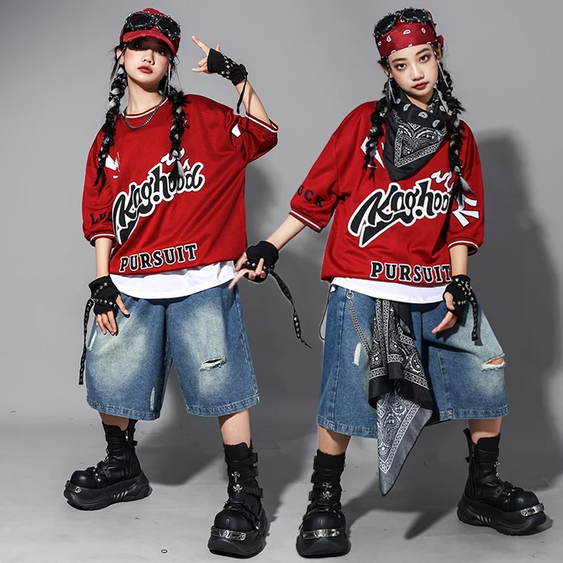 Hip Hop Kostüm Street Dance Outfit Kinder Leistung Bühnenkostüm Übergröße Rot Top Denim Shorts Mädchen Jazz Dancewear 2134