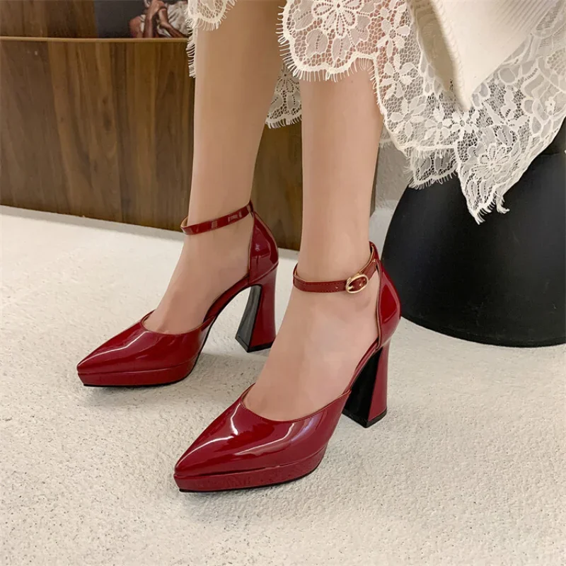 Spring and Autumn New style fashion Pointed tip high-heeled Women\'s Shoes Shallow mouth Buckle Simplicity Thick heel Women Shoes
