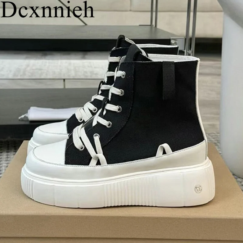 

Flat Thick Bottom Round Toe Short Boots Women Canvas Cross Tied Platform Shoes Ankle Botas Ladies Autumn High Top Casual Shoes