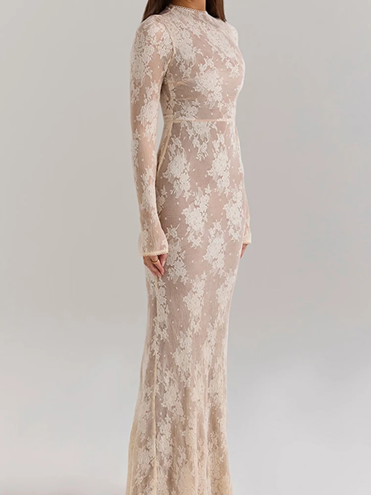 Vestido de estilo francés con estampado calado para mujer, vestido de encaje ajustado de manga larga para banquete, vestido de noche plisado de cintura alta con cuello redondo Sexy