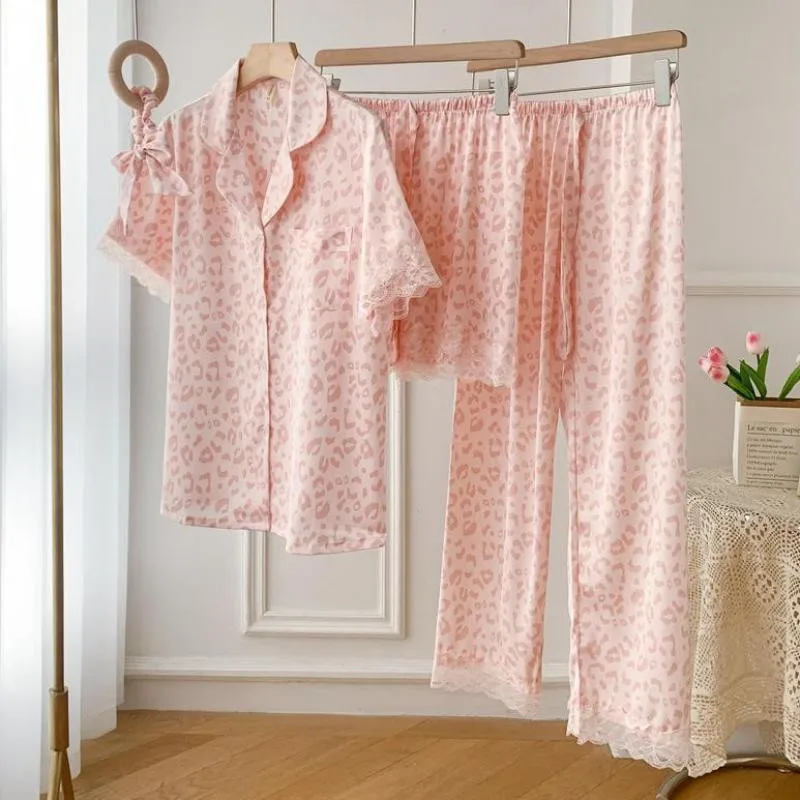 Pijama de cetim sedoso feminino, manga longa, pijamas de renda, trajes casuais, roupas de casa, conjunto para dormir primavera, verão, 3 peças