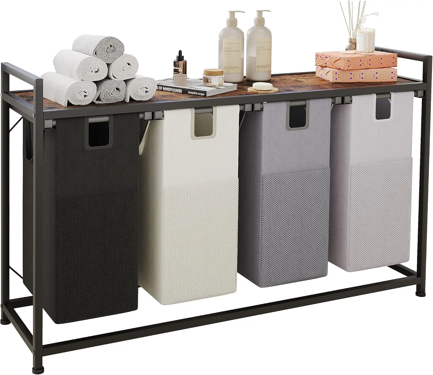 

Four-Compartment Laundry Hamper with Removable Bags, Top Shelf for Bathroom or Dorm Storage