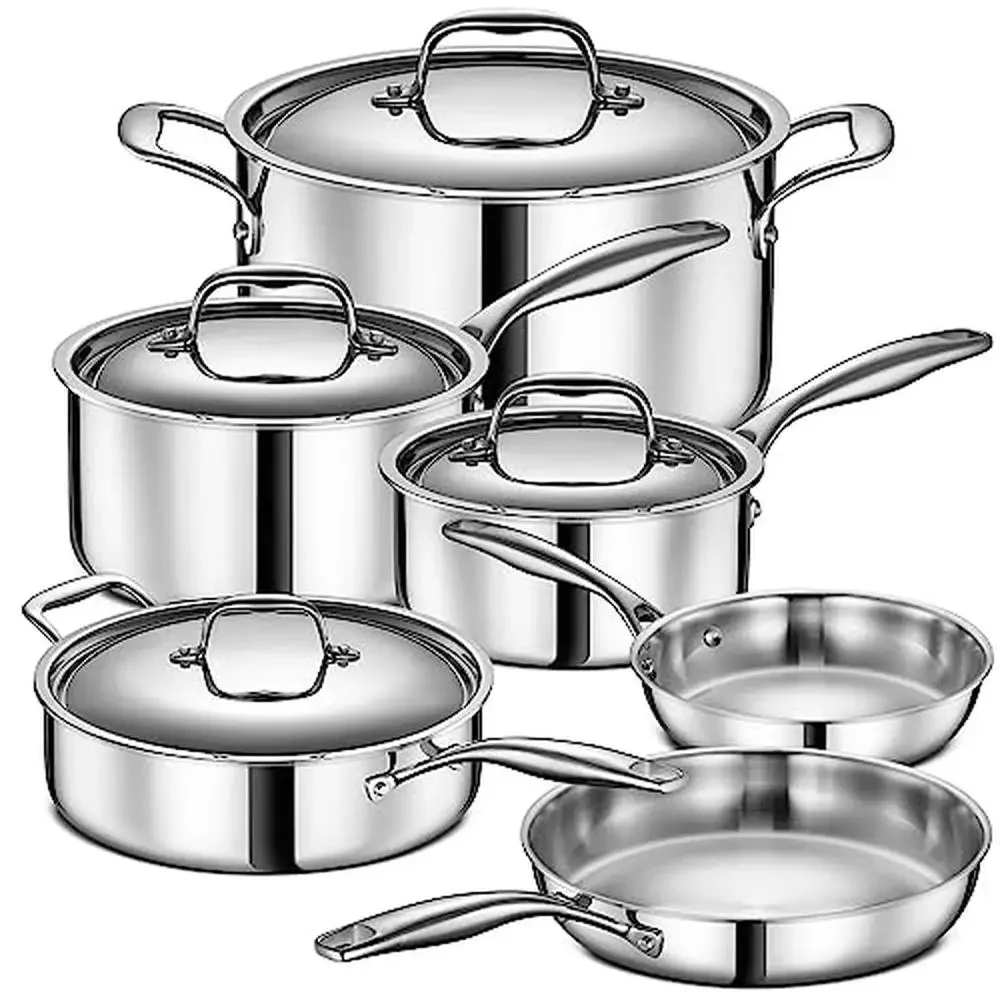 Juego de utensilios de cocina de acero inoxidable de 3 capas, horno de inducción Premium revestido completo de 10 piezas, olla de cocina segura y no tóxica, sartén salteada holandesa