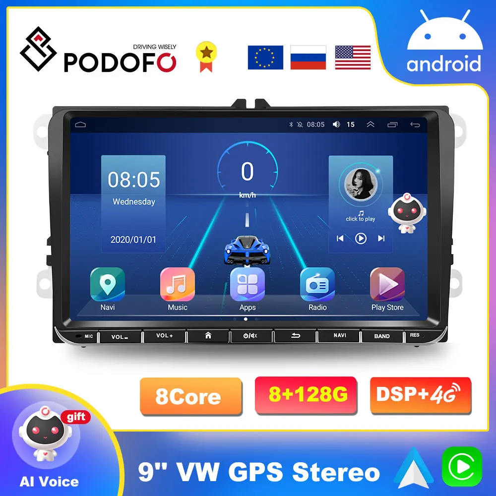 Podofo Android 10.0 2Din Car Radio Carplay 8G+128G Stereo Receiver For VW Volkswagen Golf Polo Skoda Octavia Tiguan Passat b6 b7