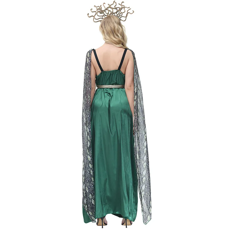 Ancient Greek Myth Medusa Snake Cosplay Costume for Women Witch Dark Green Serpentine Print Slit Dress Halloween Costumes