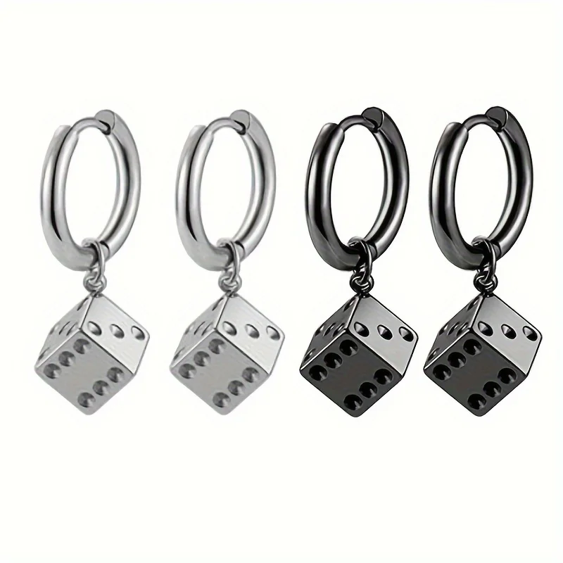 1/2 Pairs Fashion Stainless Steel Stud Huggie Hoop Earrings for Women Men Hiphop Punk Gothic Cube Square Dice Dangle Earrings