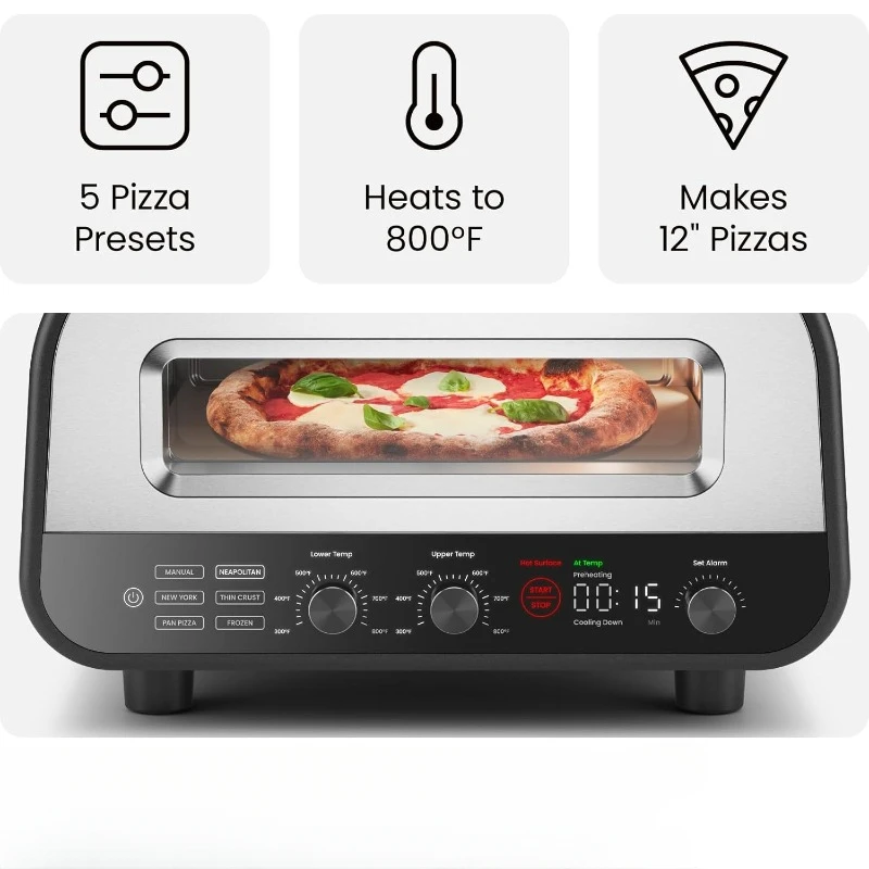 home. Indoor Pizza Oven - Makes 12 Inch Pizzas in Minutes, Touchscreen Presets, Pizza Stone and Peel Included - Stainless Steel