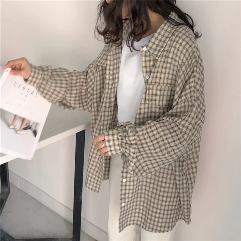 Long Sleeve Shirts Women Tops Thin Simple Casual Plaid Loose Korean Style Daily All-match Harajuku Student Womens Clothing Trend