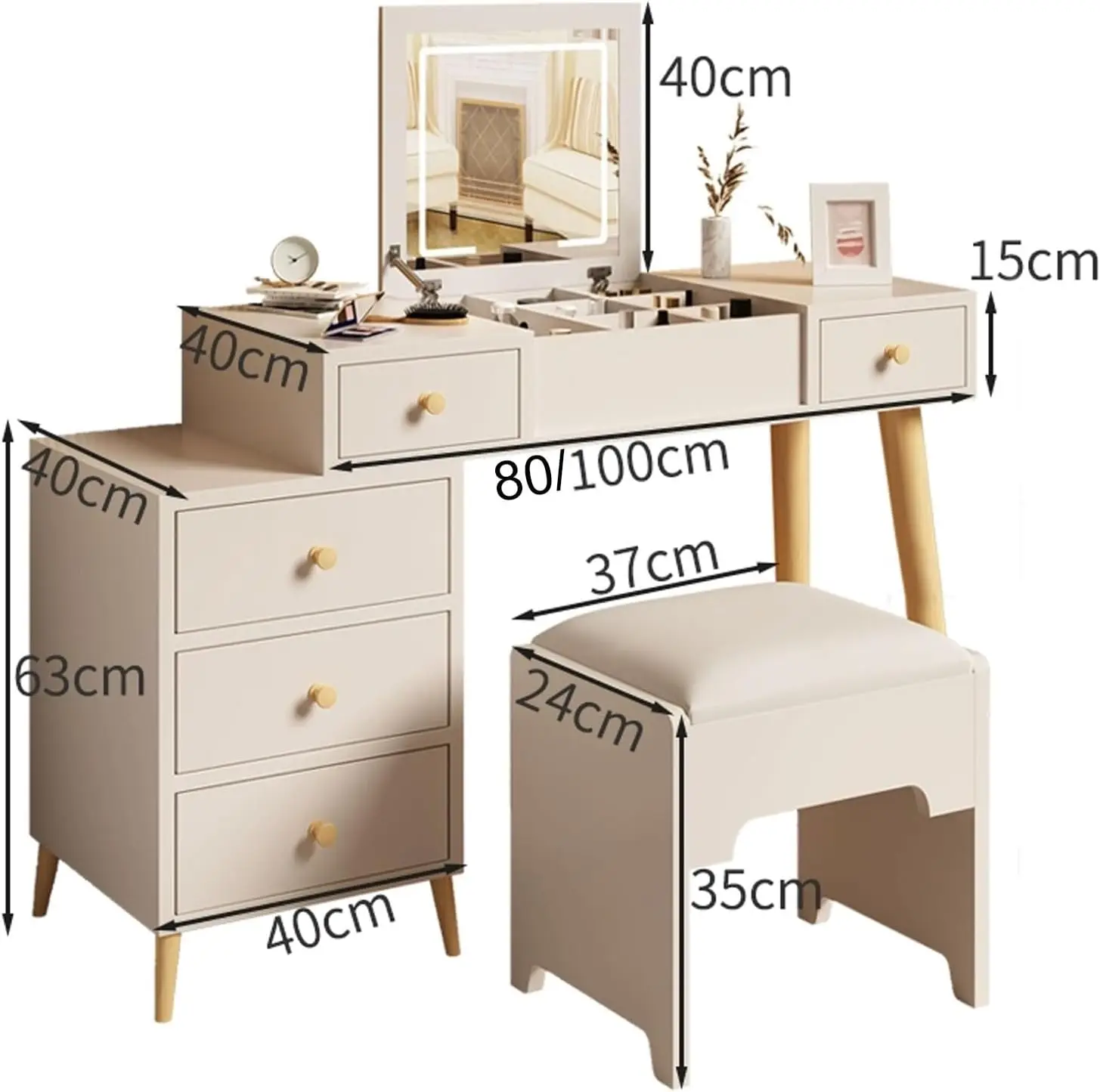 Furniture Modern Portable Wooden Corner Vanity Makeup Desk Storage Cabinet Dressing Table With Lights Mirror And Chair