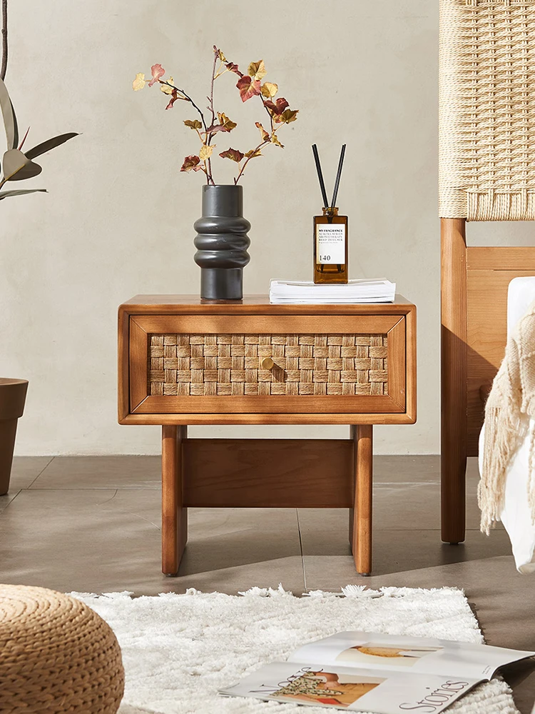 Luxury Solid Wood Rattan Woven Nightstands,Retro Homestay Furniture,Living Room Drawer Storage Cabinet,Bedroom Bedside Table