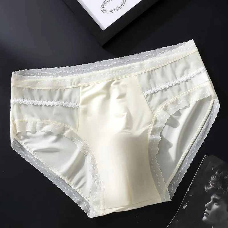 Man's Solid White Lace Hem Panties High Elastic Thin Breathing Briefs Soft Touch  Gifts  Group
