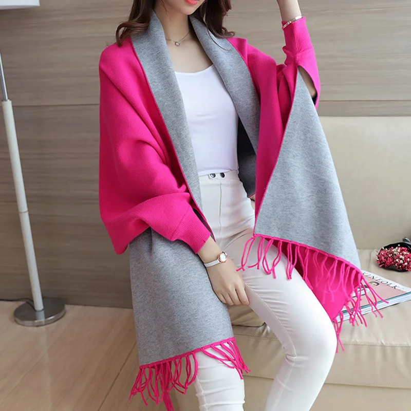 Autumn Winter Fashion Lady Tassel Knitted Shawl Sweater Women Solid Tassel Batwing Sleeve Poncho Cardigan wrap swing