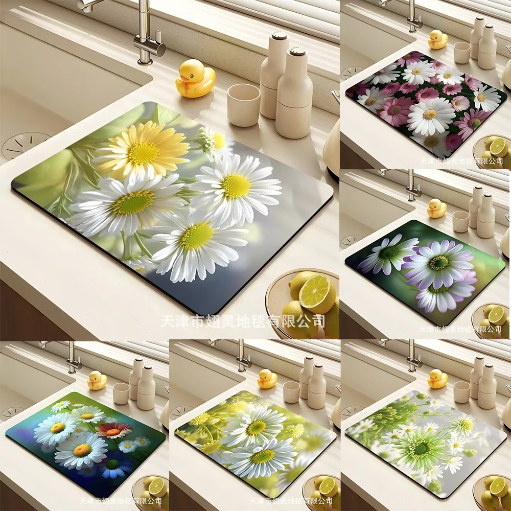 

Daisy Pattern Kitchen Drying Mat Bar Counter Diatomaceous Earth Absorbent Mat Countertop Kitchenware Heat Insulation Pad