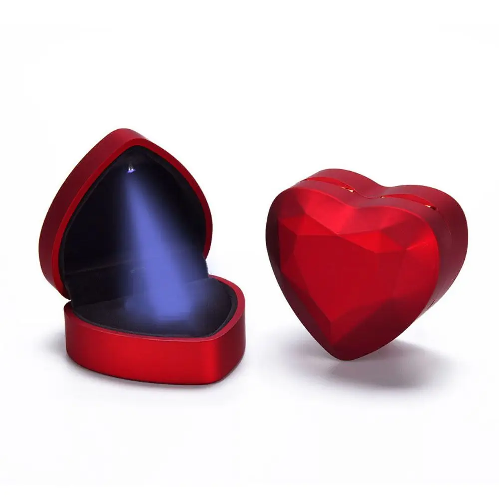 

Red Proposal Ring Holder With LED Light Velvet Heart-shaped Organizer Storage Case Jewelry Display Ring Box